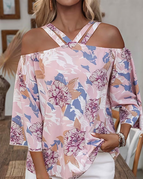 Blus Blommig Kors Off-Shoulder