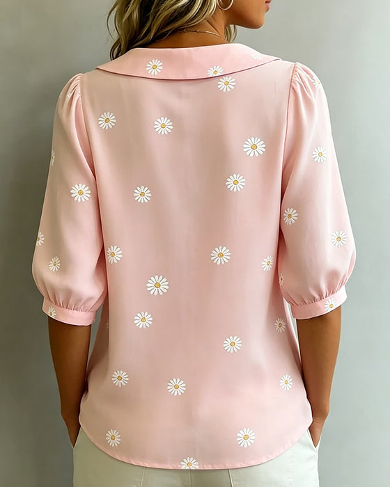 Avslappnad Blus Blommig Puffärmar