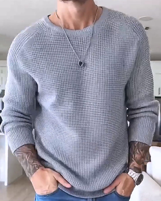 Pullover Herr Rund Halsning Vaffel Långärmad