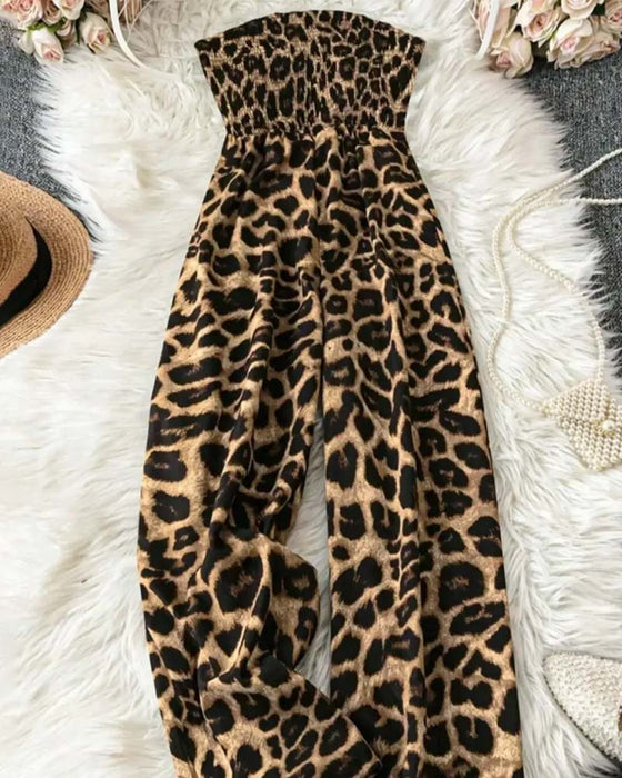 Jumpsuit Axelbandslös Leopard Tryck Bred Ben Midjeknyt