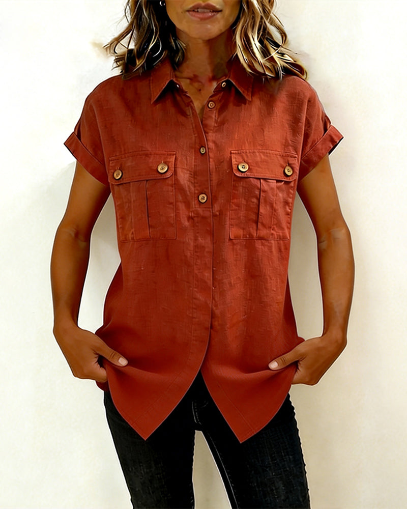 Skjorta Ficka Bomull Lin Kort Ärm