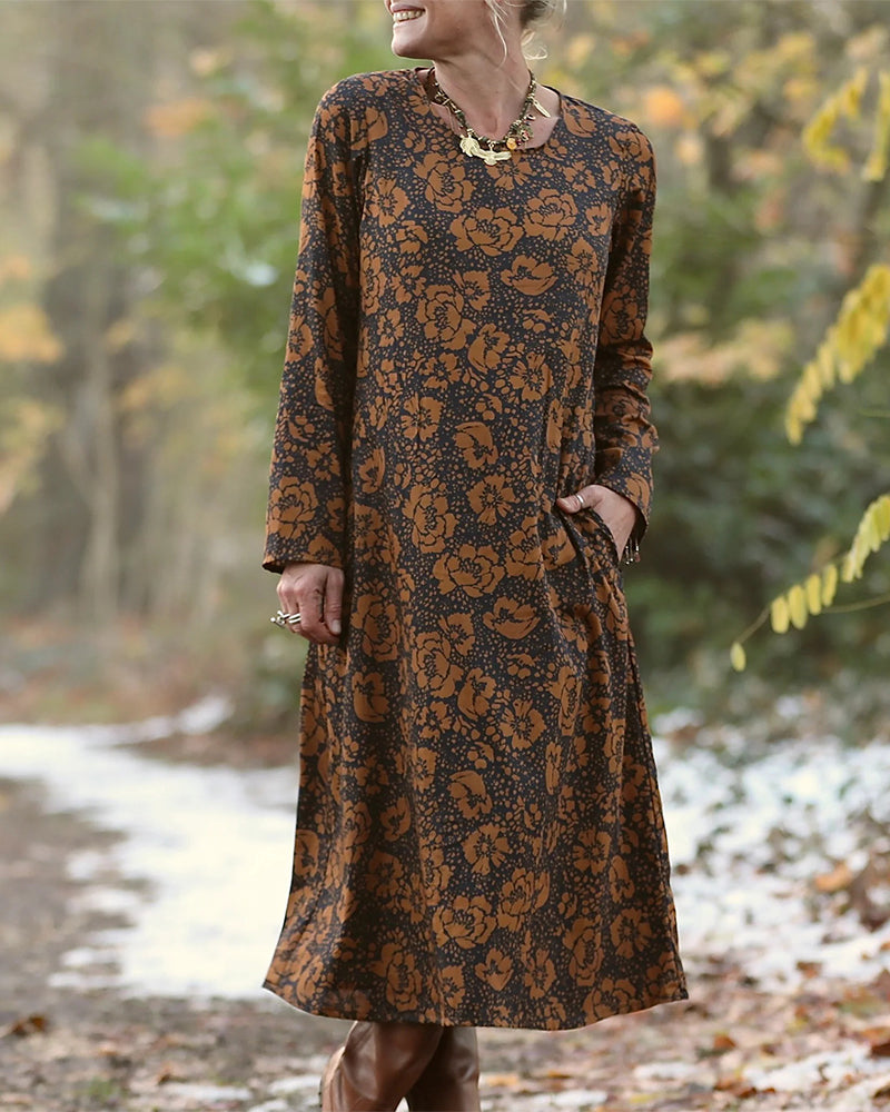 Klänning Blommigt Mönster Rund Hals Lös Passform