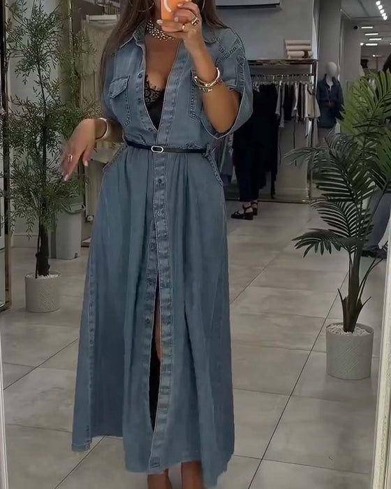 Klänning Skjorta Krage Ficka Knapp Denim