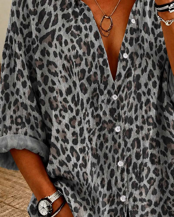 Skjorta V-Hals Knapp Leopard Lång Ärm