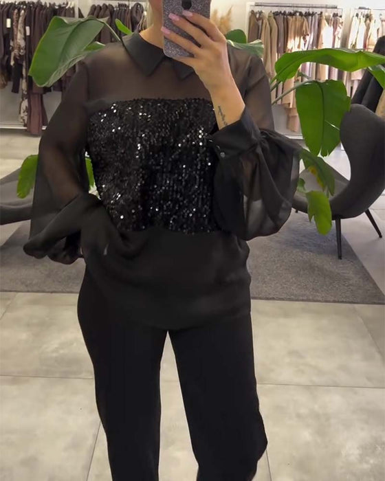 Blus Enfärgad Puffärm Krage