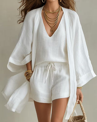 Tredelat Set V-Ringning Linne Cardigan Shorts