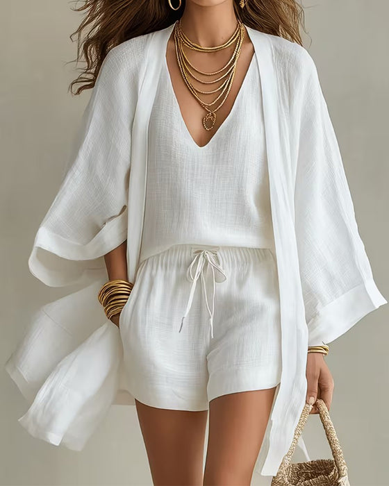 Tredelat Set V-Ringning Linne Cardigan Shorts