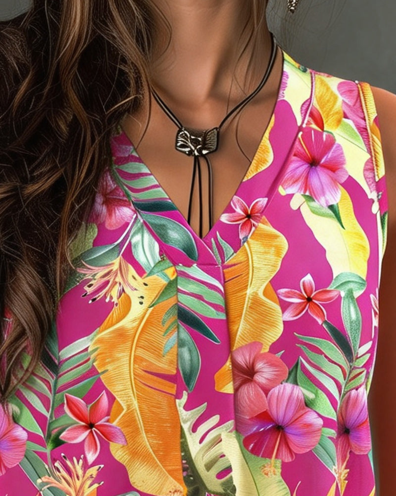 Linne V-ringning Tryckt Ärmlös