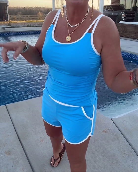 Tankini Med Färgkontrast Kantband Och Detaljer