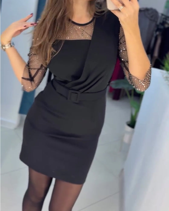 Klänning Mesh Hette Rhinestone Slim Fit Hofthuggande