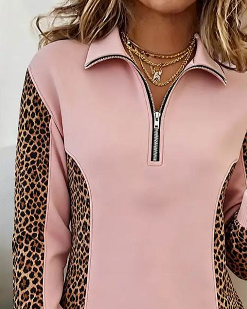 Sweatshirt Leopardmönster Halv-Zip Krage