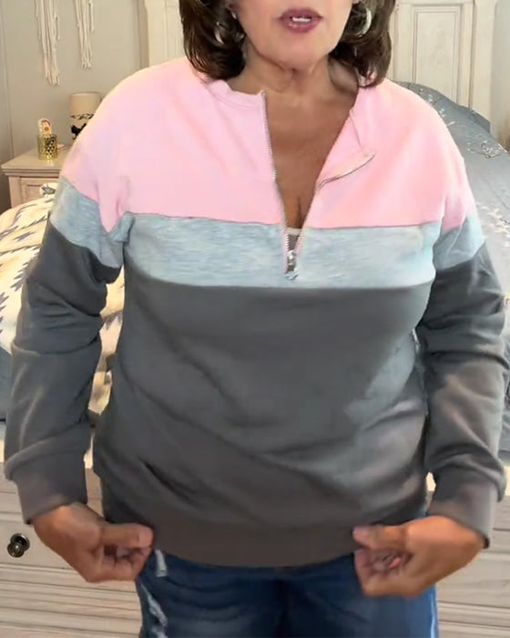 Sweatshirt Med Dragkedja, Ståkrage Och Färgblockering Långärmad