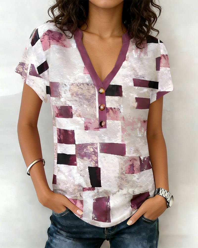 T-Shirt V-ringning Geometriskt Tryck Casual