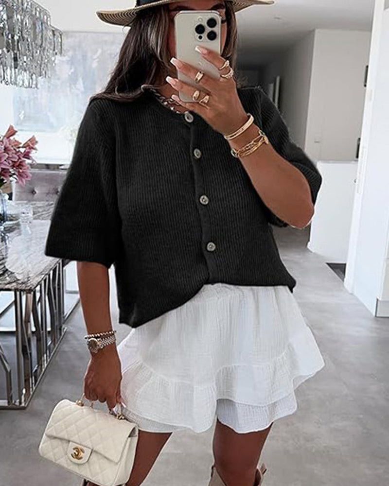 Tröja Cardigan Enfärgad Knäppning Framtill Kortärmad