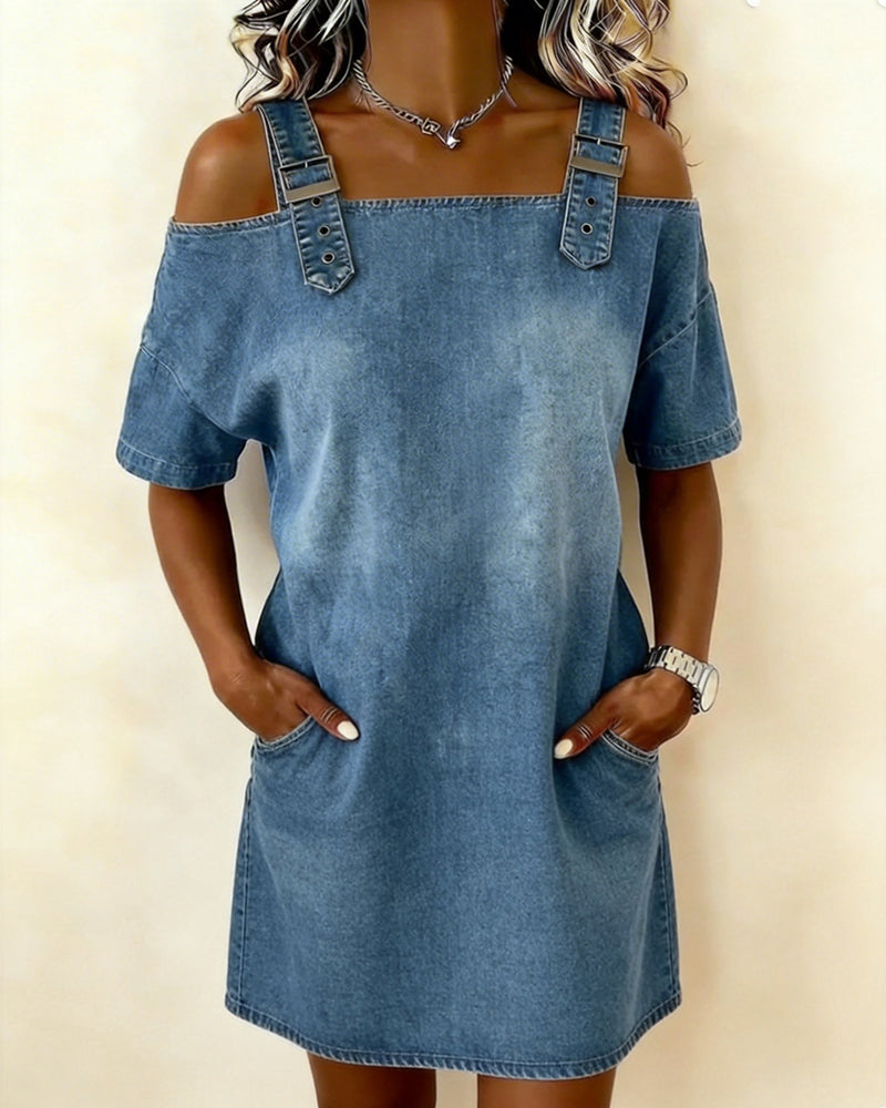 Klänning Axelfri Knäppt Denim