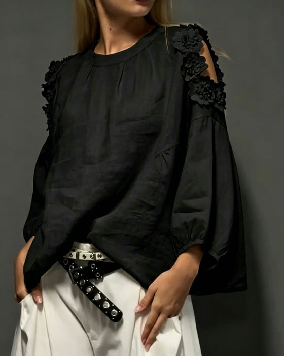 Blusar Rundhals Utskärning Off-Shoulder 3D Blommig