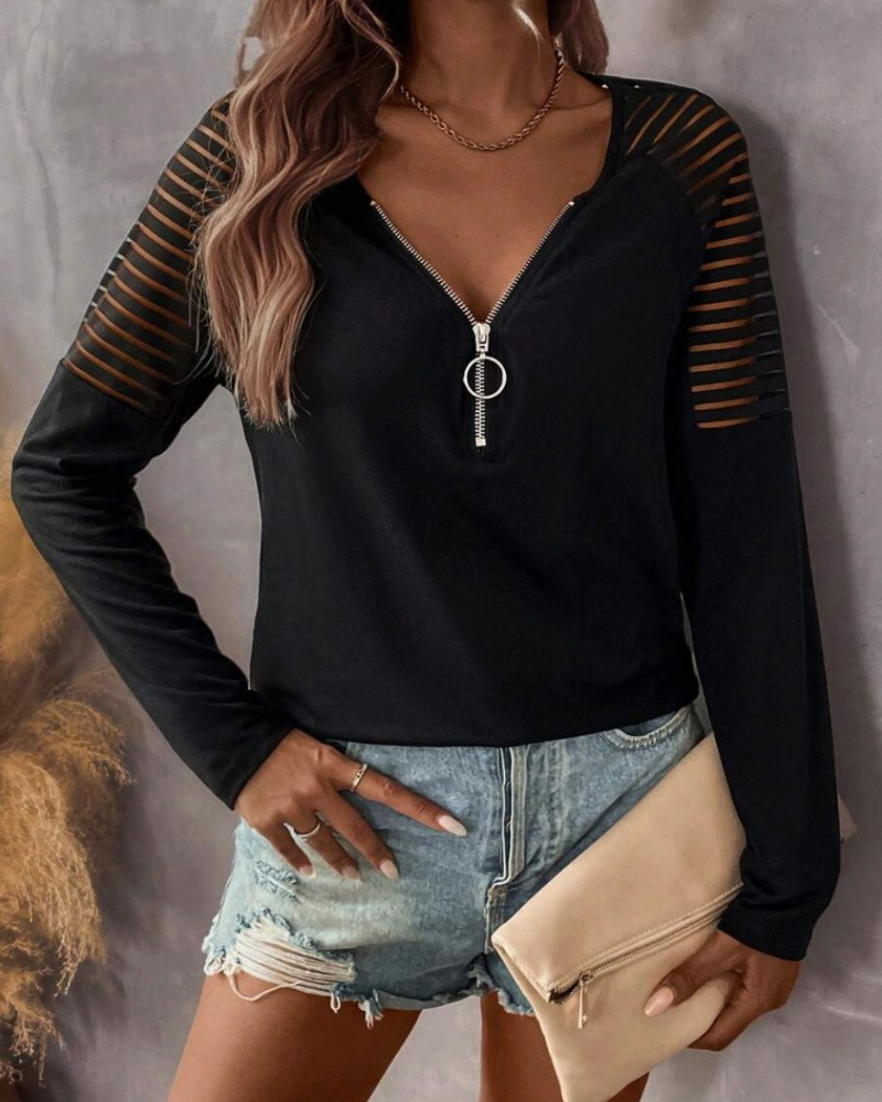 Top Med Zipp Detalj, Långärmad Design Och Enfärgad Stil