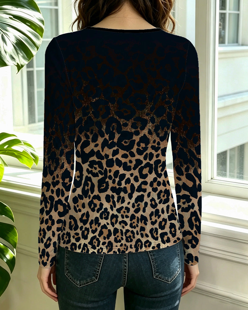 Topp Hålig Rund Halsning Gradient Leopardmönster