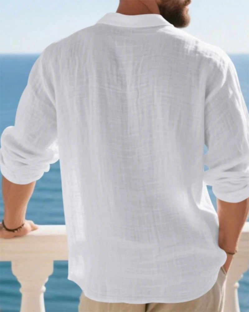 Skjorta Herr Lättvikt Lös Linne Långärmad Polo