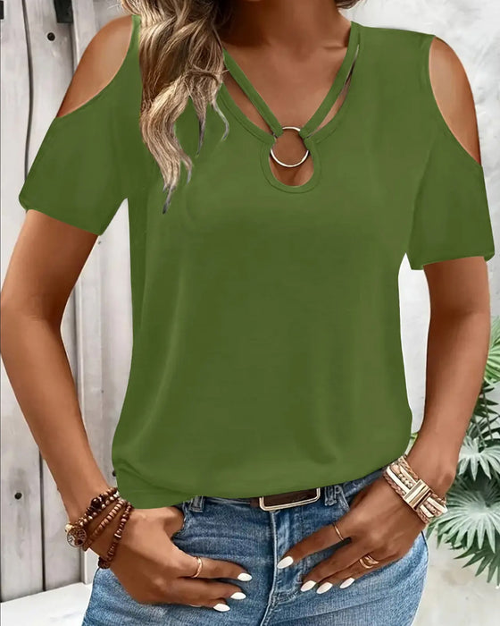 T-Shirt Off-Shoulder Ring Spänne Kort Ärm