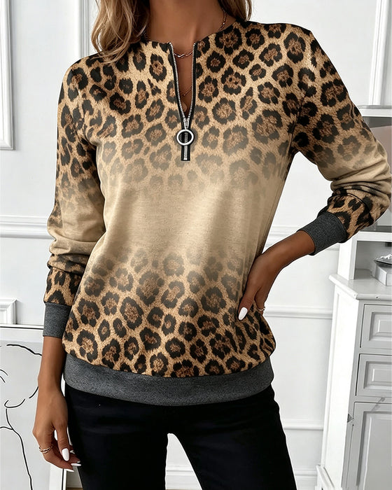 Sweatshirts Leopard Ombre Dragkedja Lång Ärm