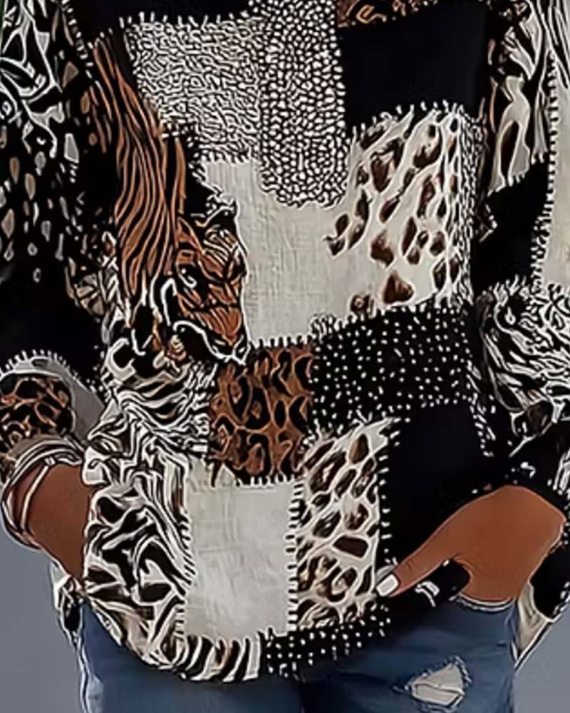 Blus Mandarin Krage Leopard Patchwork