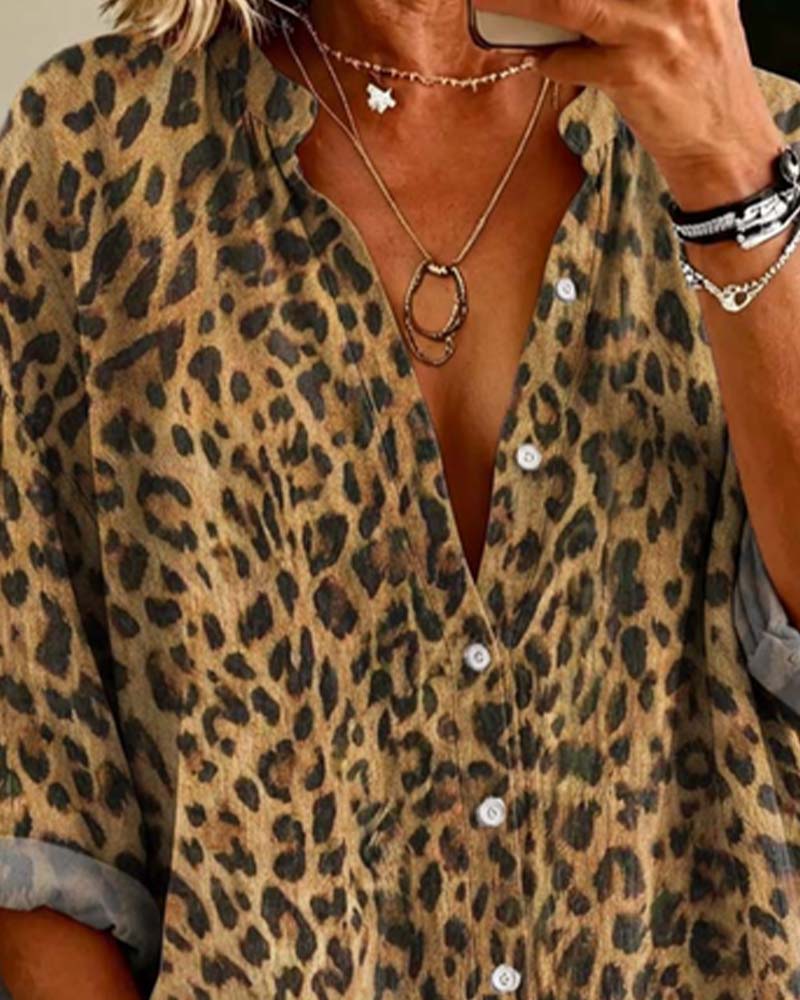 Skjorta V-Hals Knapp Leopard Lång Ärm