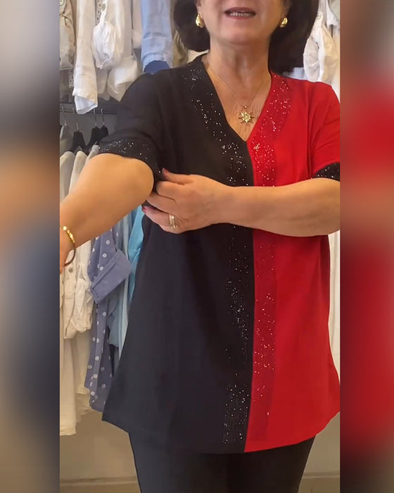T-Shirt V-Hals Färgblock Lös