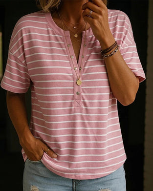 T-Shirt Horisontell Randig Henley Hals Kort Ärm