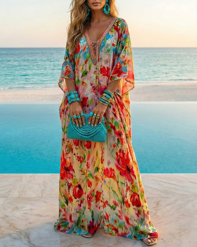 Klänning Färgglad Blommigt Tryck Lång Blus