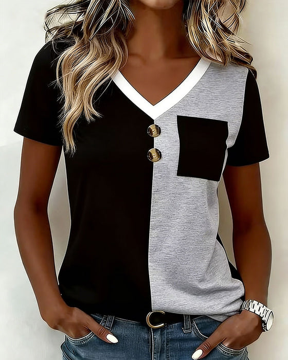 T-Shirt V-Hals Kontrast Ficka