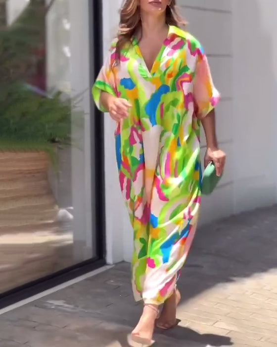 Mönstrad casual klänning med halvärm i lapel