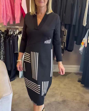 Klänning Geometrisk Rand V-Hals Bodycon Midi