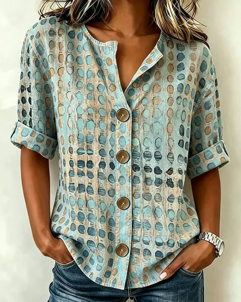 Blus Polka Dot Knapp Tryck