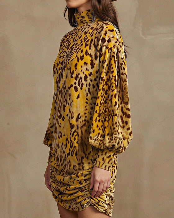Klänning Hög Hals Leopard Lykta Ärm Elegant