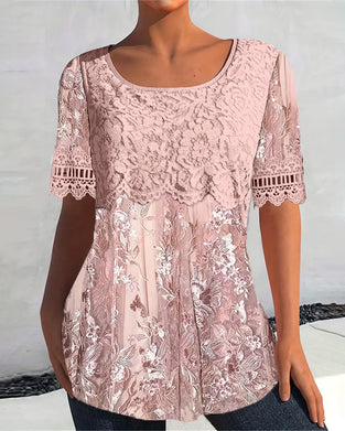 T-shirt Bred Krage Kort Ärm Spets Patchwork