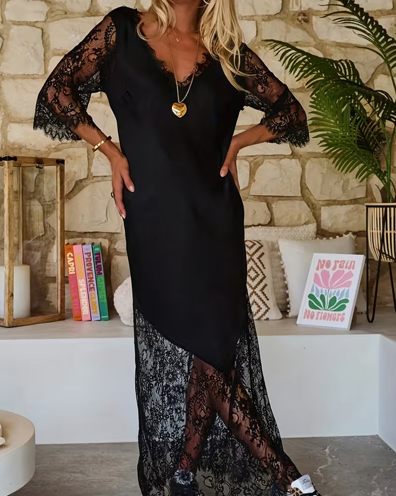 Klänning V-Halsning Spetspanel Elegant