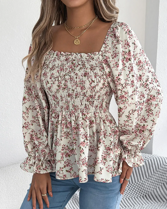 Blus Fyrkantig Hals Rynkad Blommig Ruffle