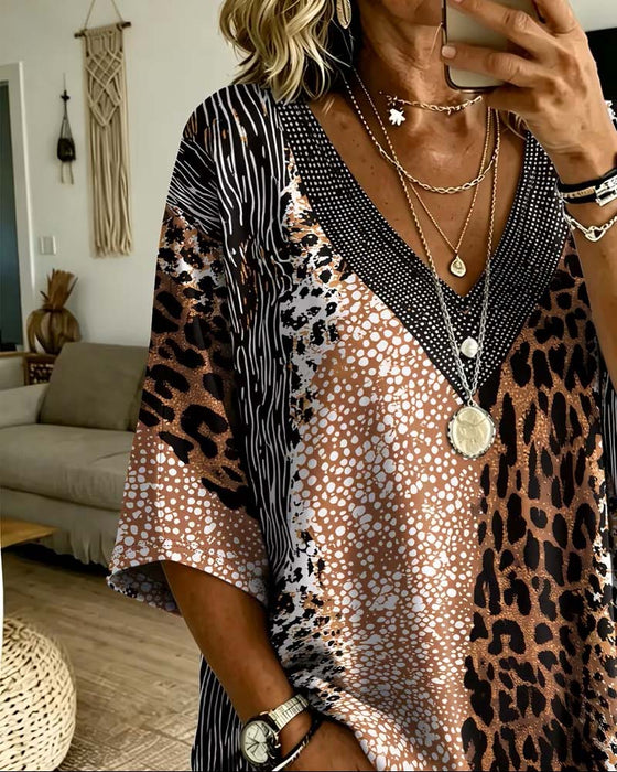 Topp V-Hals Leopard Prick Färgblock