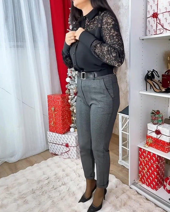 Elegant Spetsblus Med Nedvikt Krage