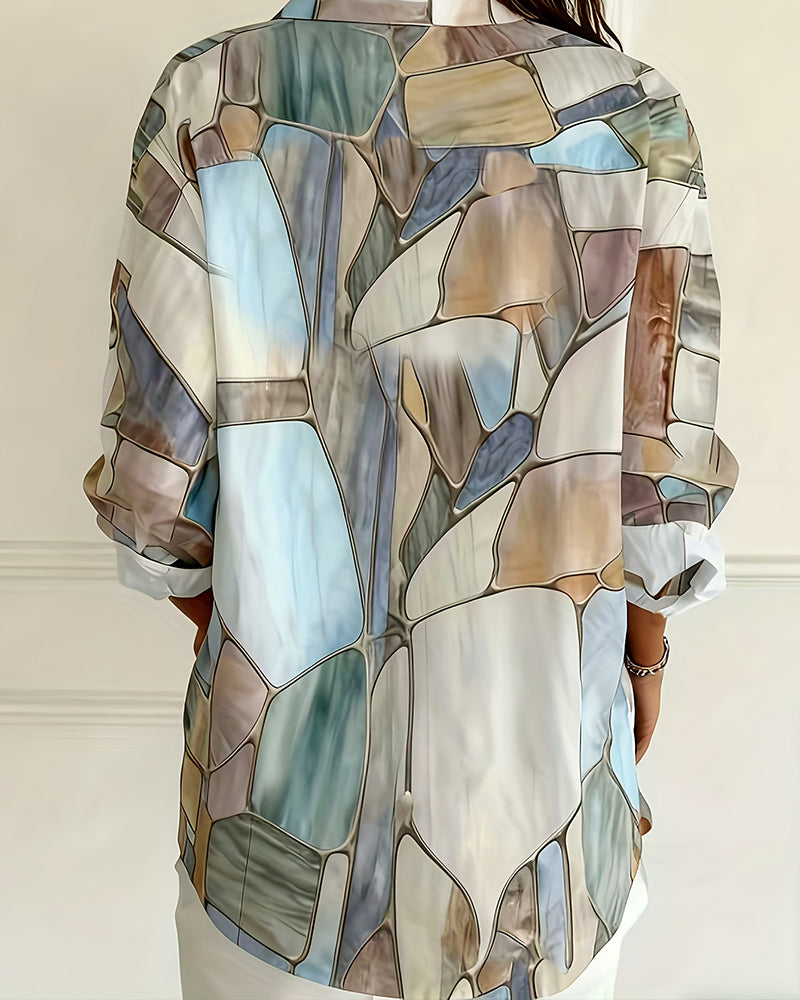 Blus Konstnärligt Stenmönster Långärmad