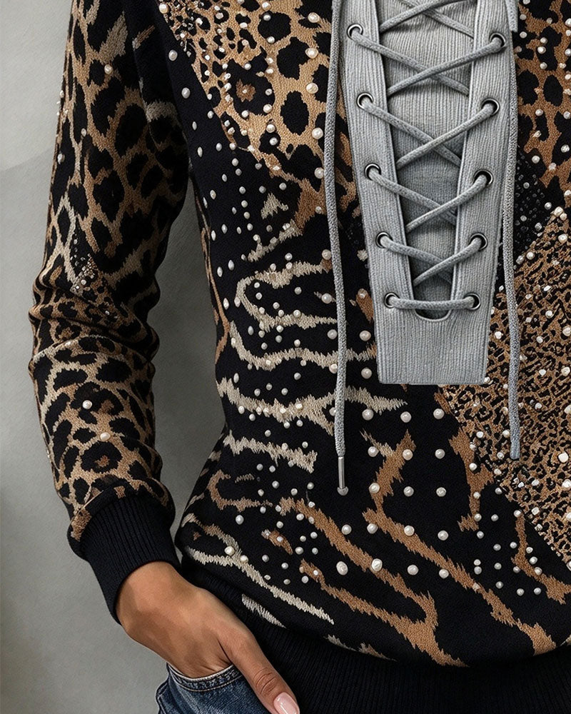 Sweatshirt Knyt Leopard Patchwork Figursydd