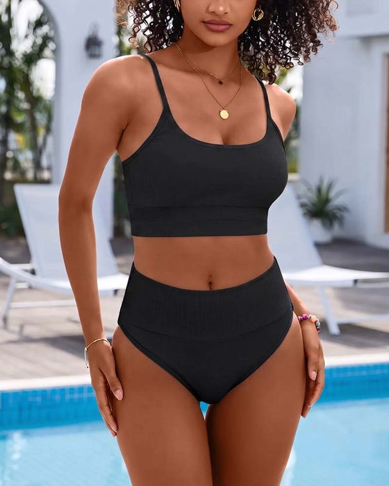 Bikini Solid U Hals Hög Midja