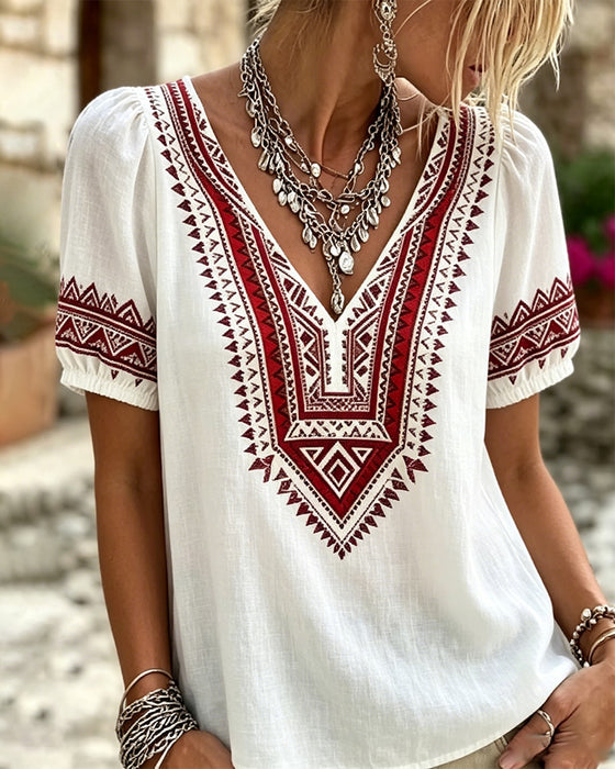 Blus V-Hals Bohemisk Bubbel Ärm