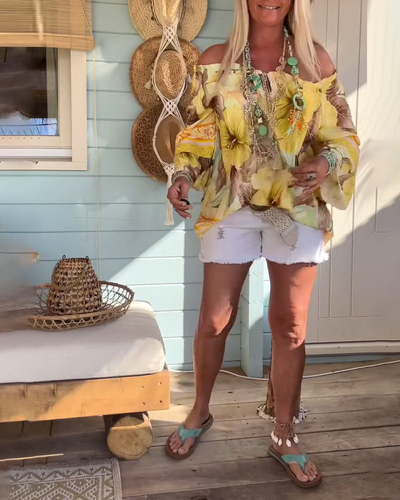 Blus Off-Shoulder Resorttryck