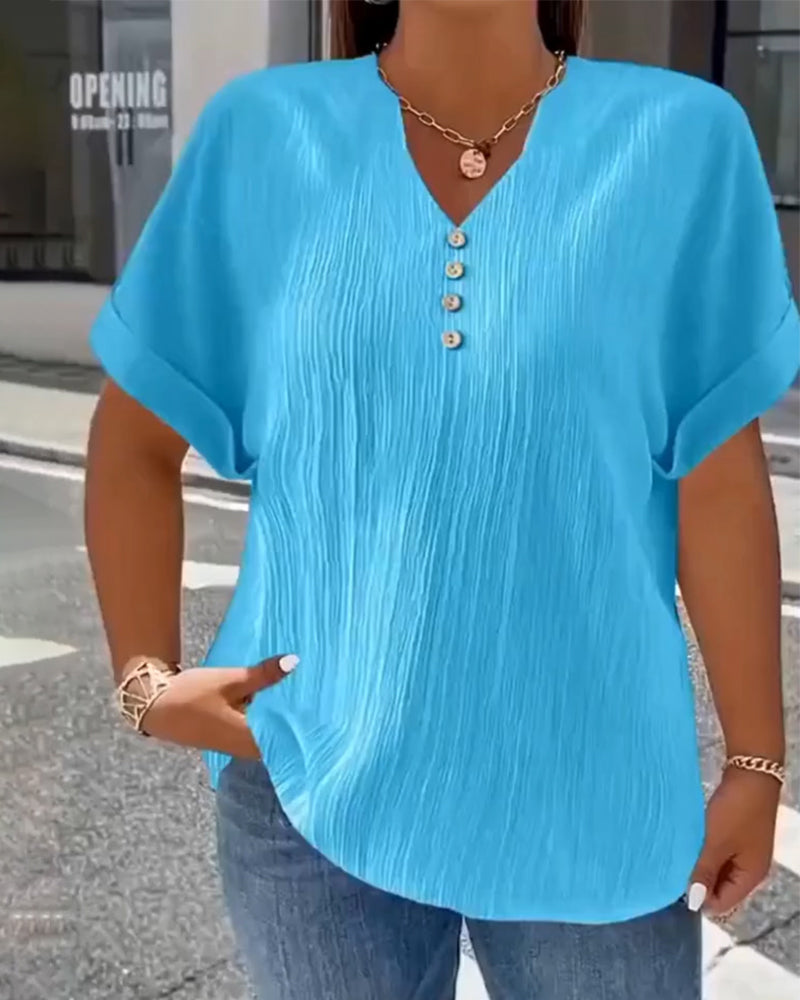 100% Bomull T-Shirt V-Hals Lös Texturerad