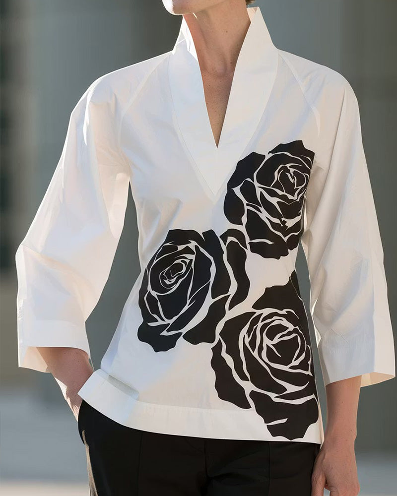 Blus V-Hals Blommig Tryck