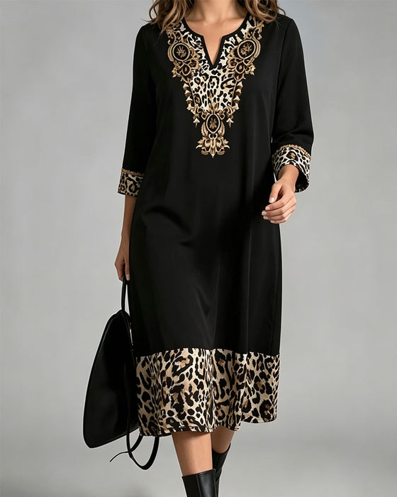 Dress Mini V-Hals Leopard Tryck Patchwork Löst