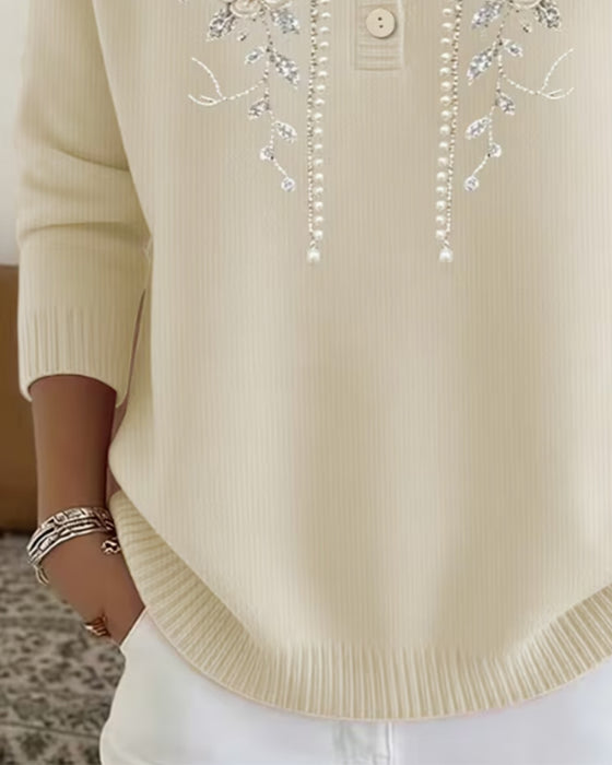 Sweatshirt Rund Halsringning Knäppning Blommig Långärmad
