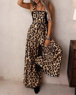 Jumpsuit Leopard Hög Midja Bred Ben Hängslen